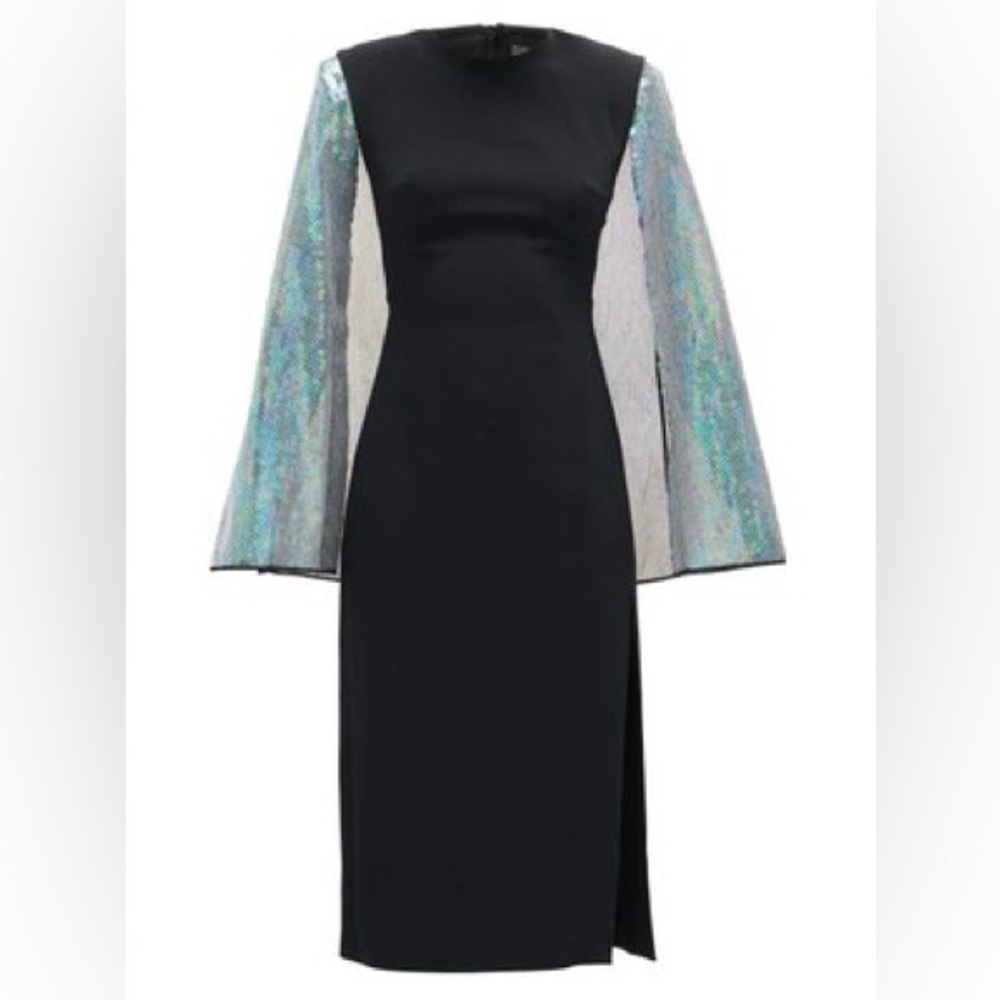 Black Midi Dress with Iridescent Sequin Bell Sleeves
